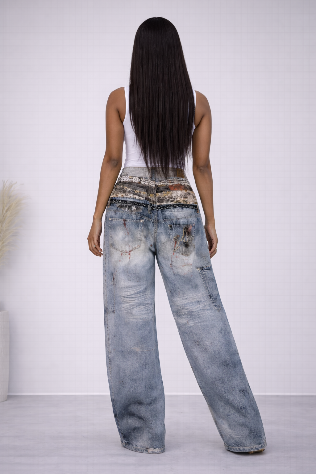 FP5450P - DENIM PRINTED WIDE LEG JEANS - Pioneer Apparel