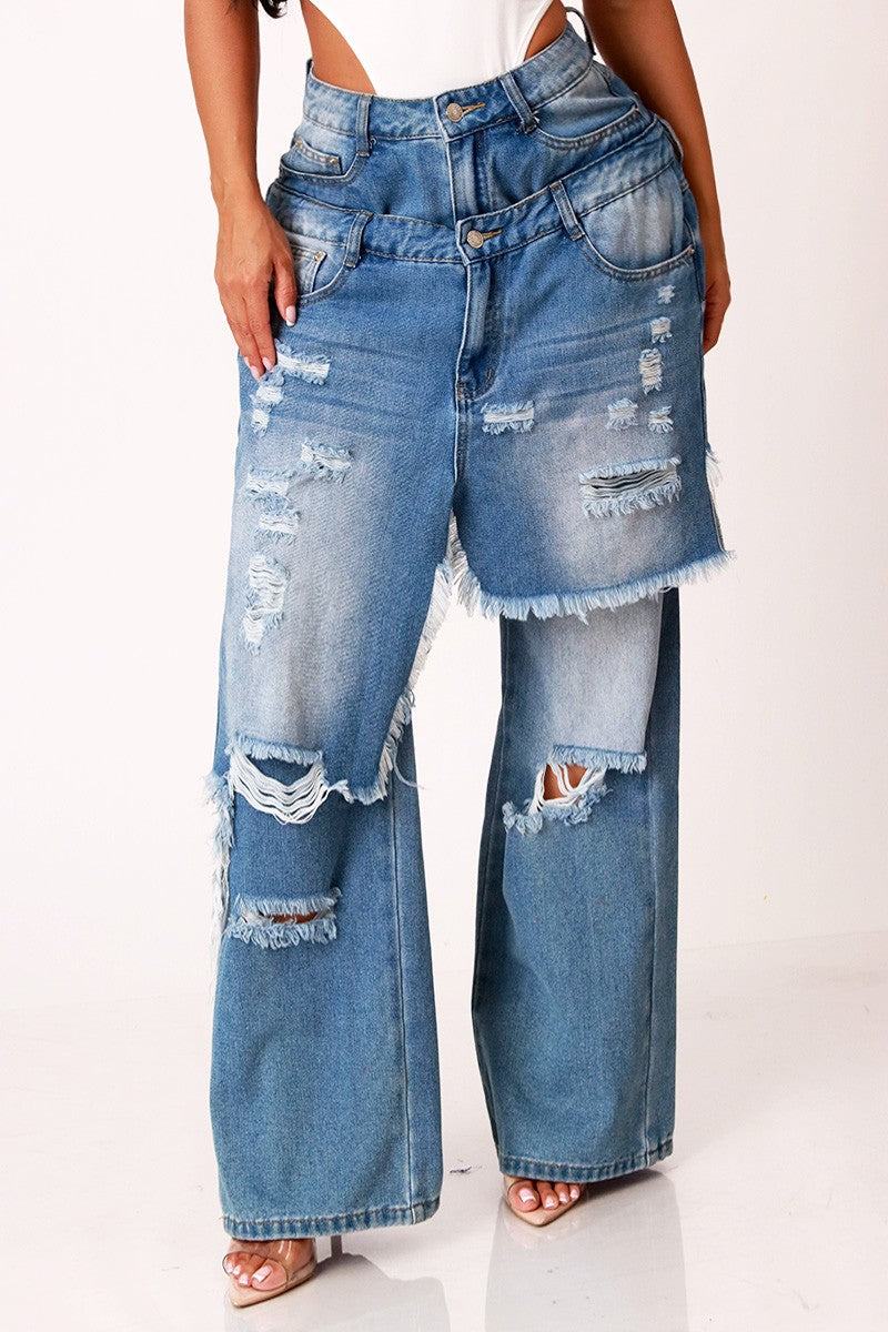 FP5336P - DISTRESSED DOUBLE LAYER WIDE LEG JEANS - Pioneer Apparel