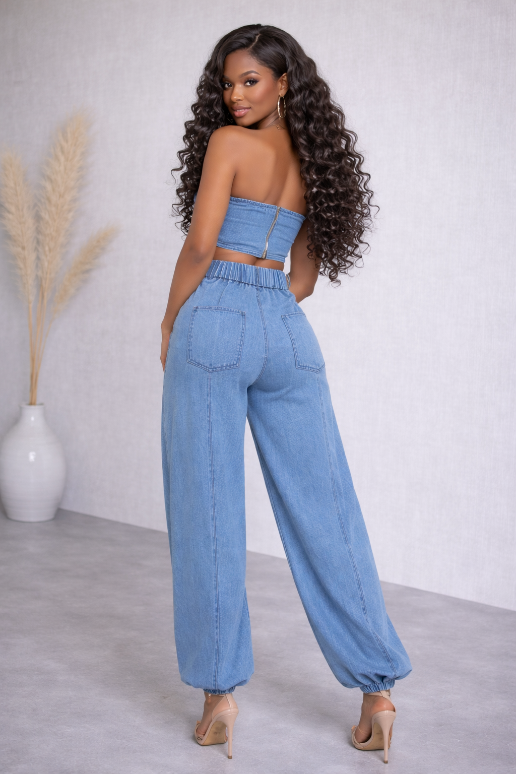 JS4854HP - SIDE LACE DOWN TUBE TOP & BAGGY JEANS SET - Pioneer Apparel