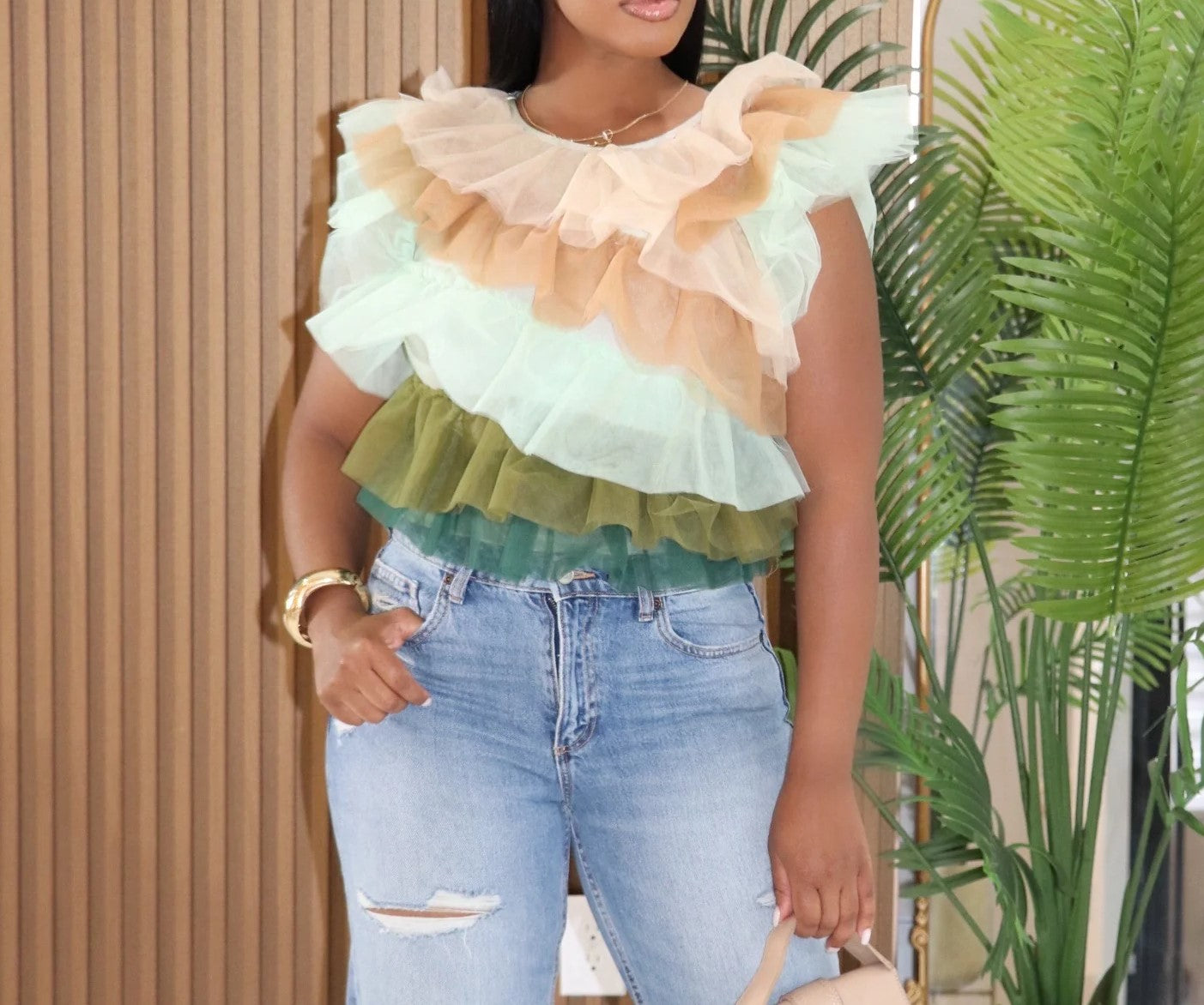 HT2637P - ASYMMETRICAL COLORBLOCK TULLE TOP (4PC) - Pioneer Apparel