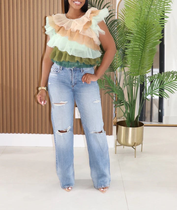 HT2637P - ASYMMETRICAL COLORBLOCK TULLE TOP (4PC) - Pioneer Apparel