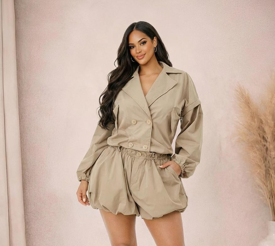 HJK+HP2713XP - BUBBLE SLEEVE TRENCH TOP & BUBBLE SHORTS SET (PLUS) - Pioneer Apparel